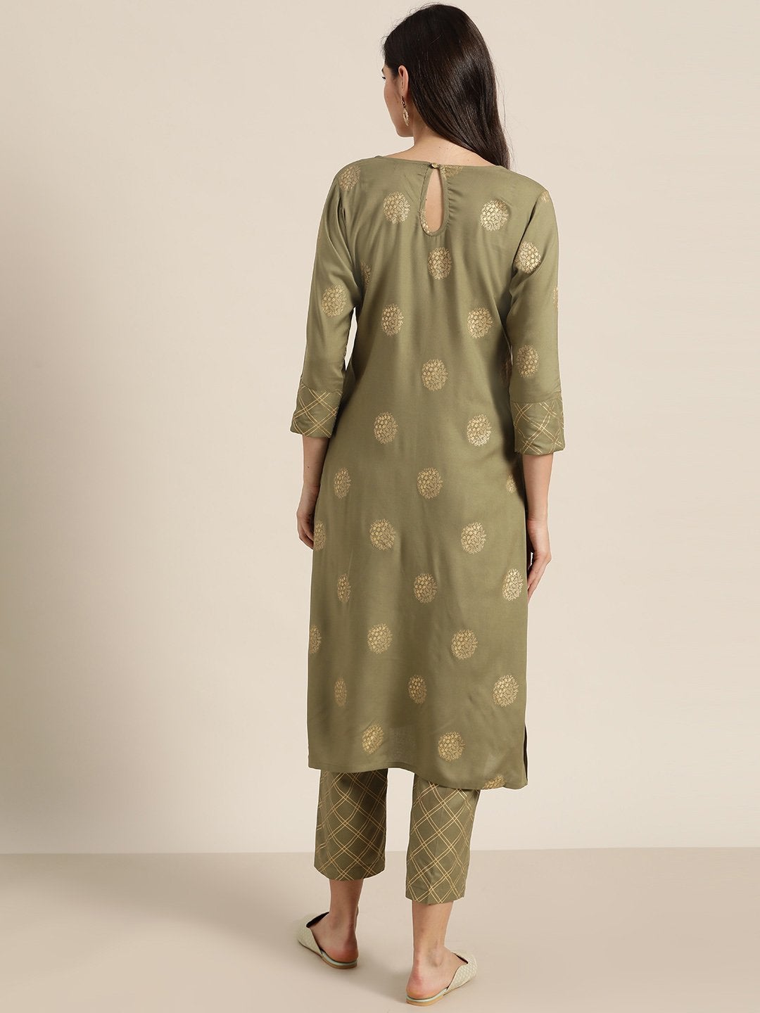 Women's Olive Chakra Foil Kurta With Straight Pants - SHAE