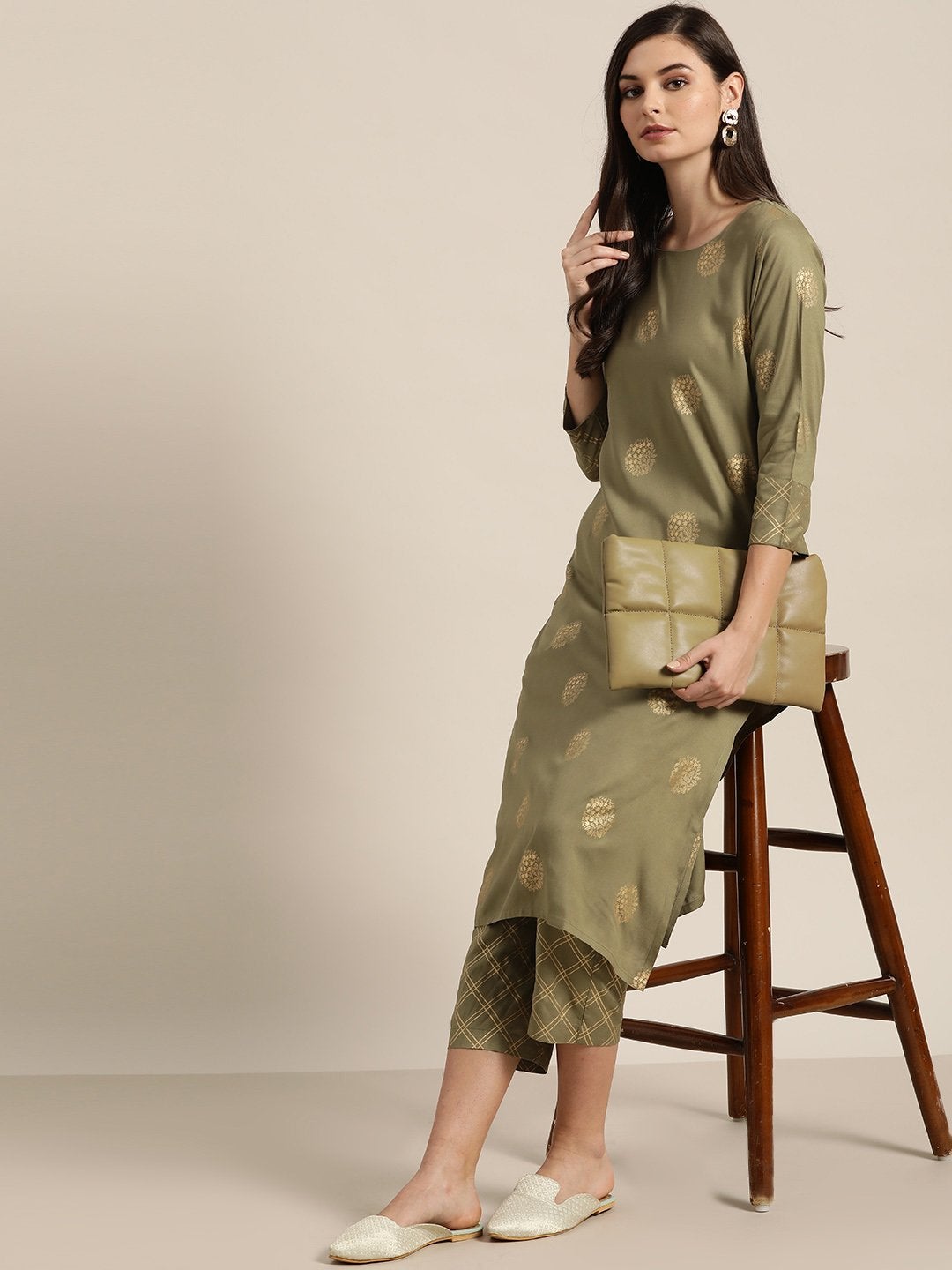 Women's Olive Chakra Foil Kurta With Straight Pants - SHAE