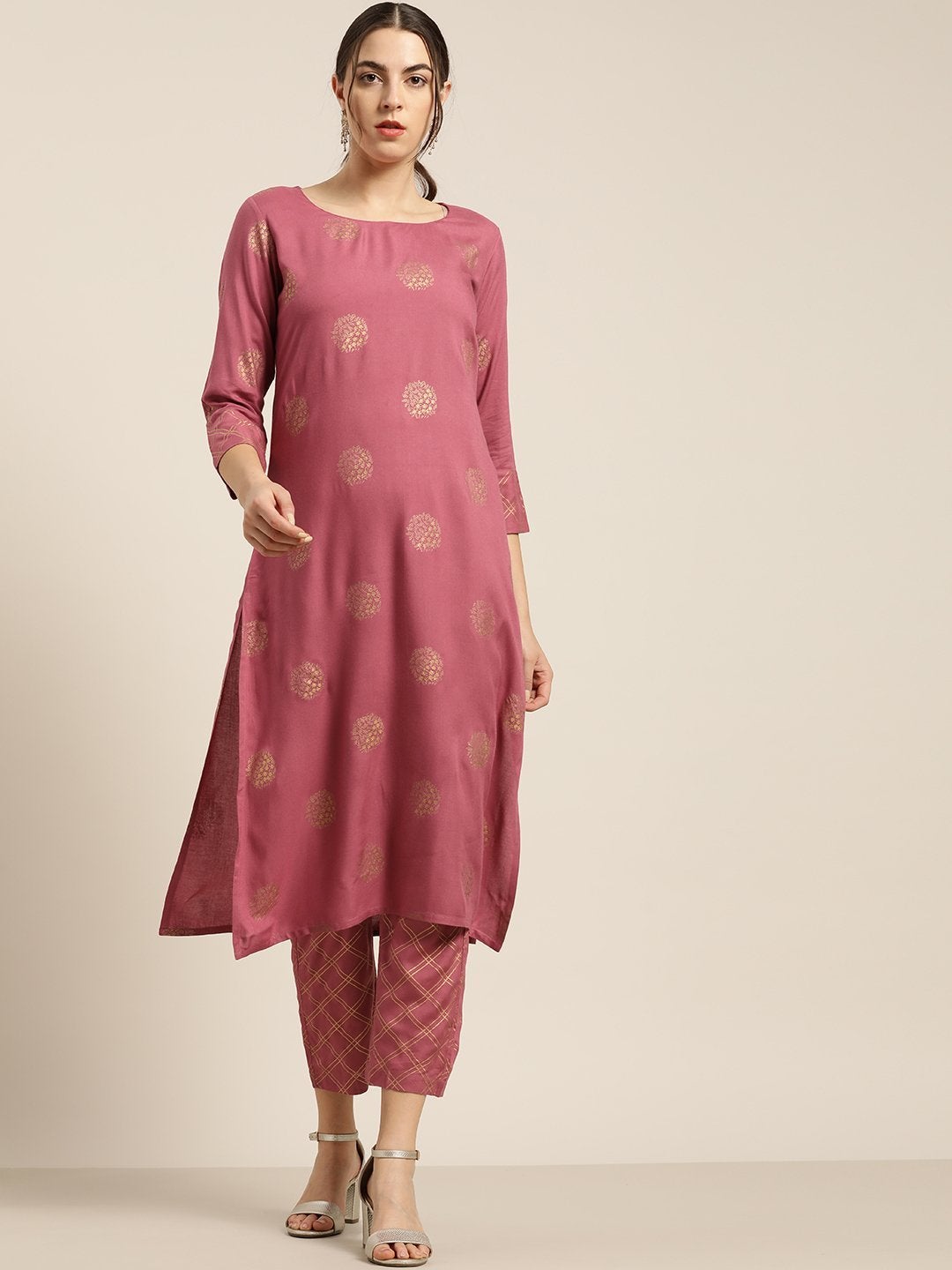 Women's Baked Pink Chakra Foil Kurta With Straight Pants - SHAE