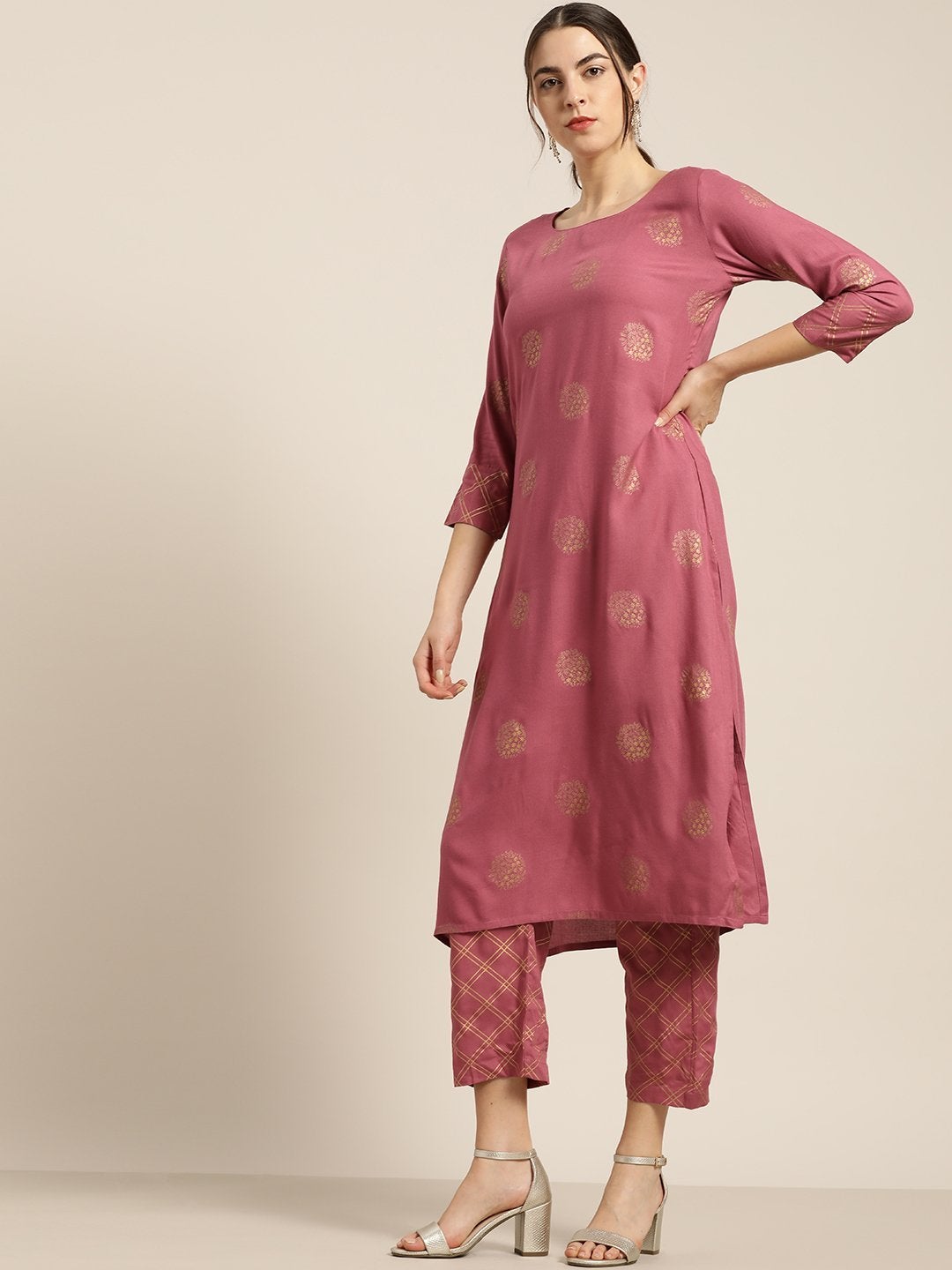 Women's Baked Pink Chakra Foil Kurta With Straight Pants - SHAE