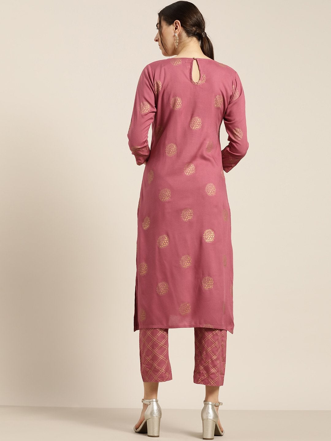 Women's Baked Pink Chakra Foil Kurta With Straight Pants - SHAE