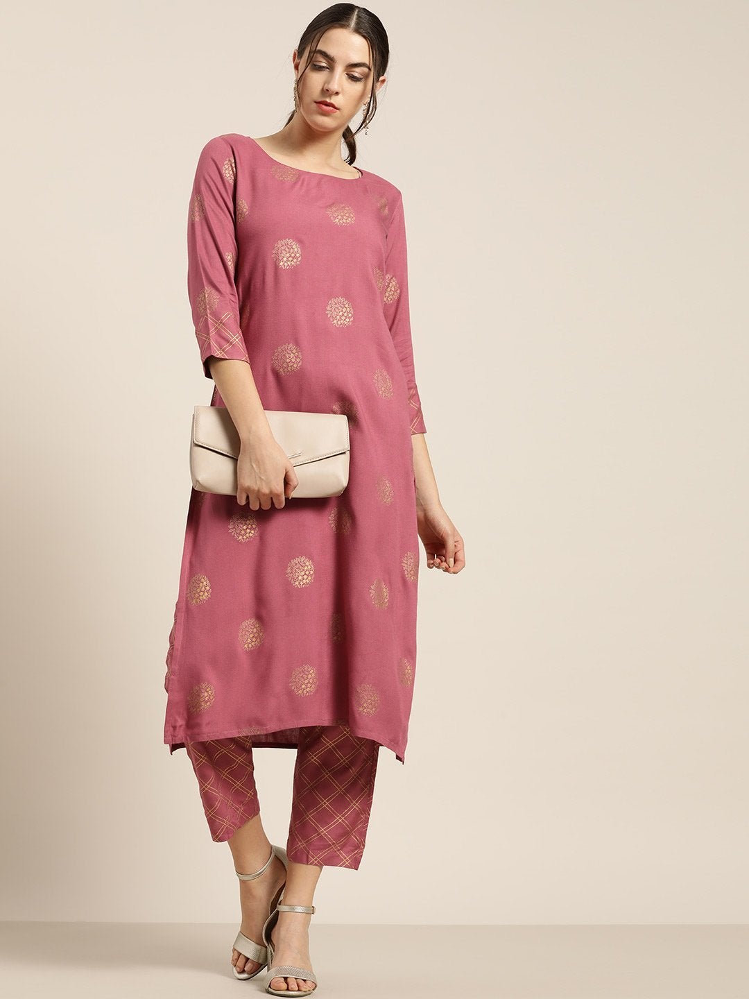 Women's Baked Pink Chakra Foil Kurta With Straight Pants - SHAE