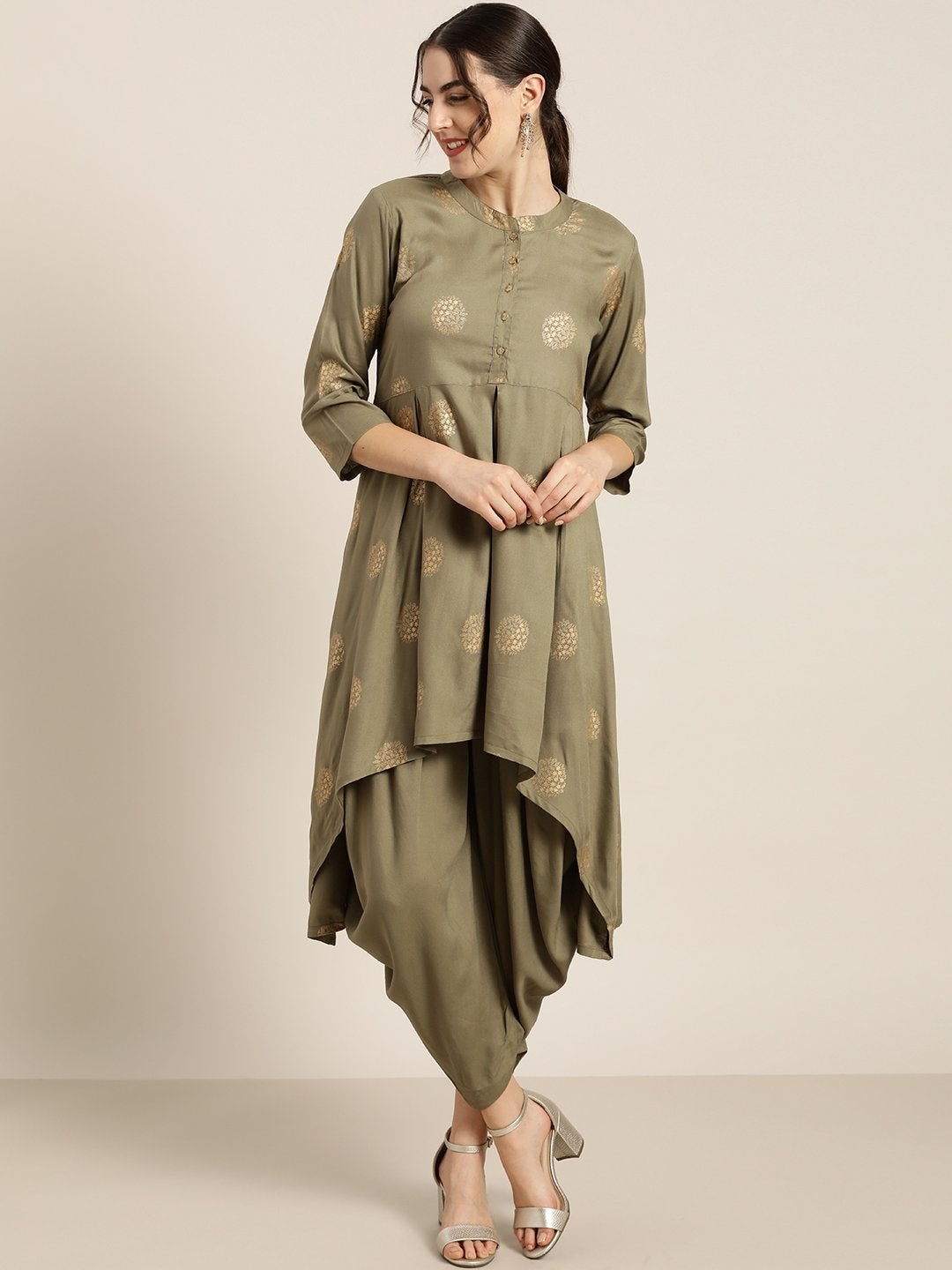 Women's Olive Foil High Low Kurta With Dhoti Pants - SHAE