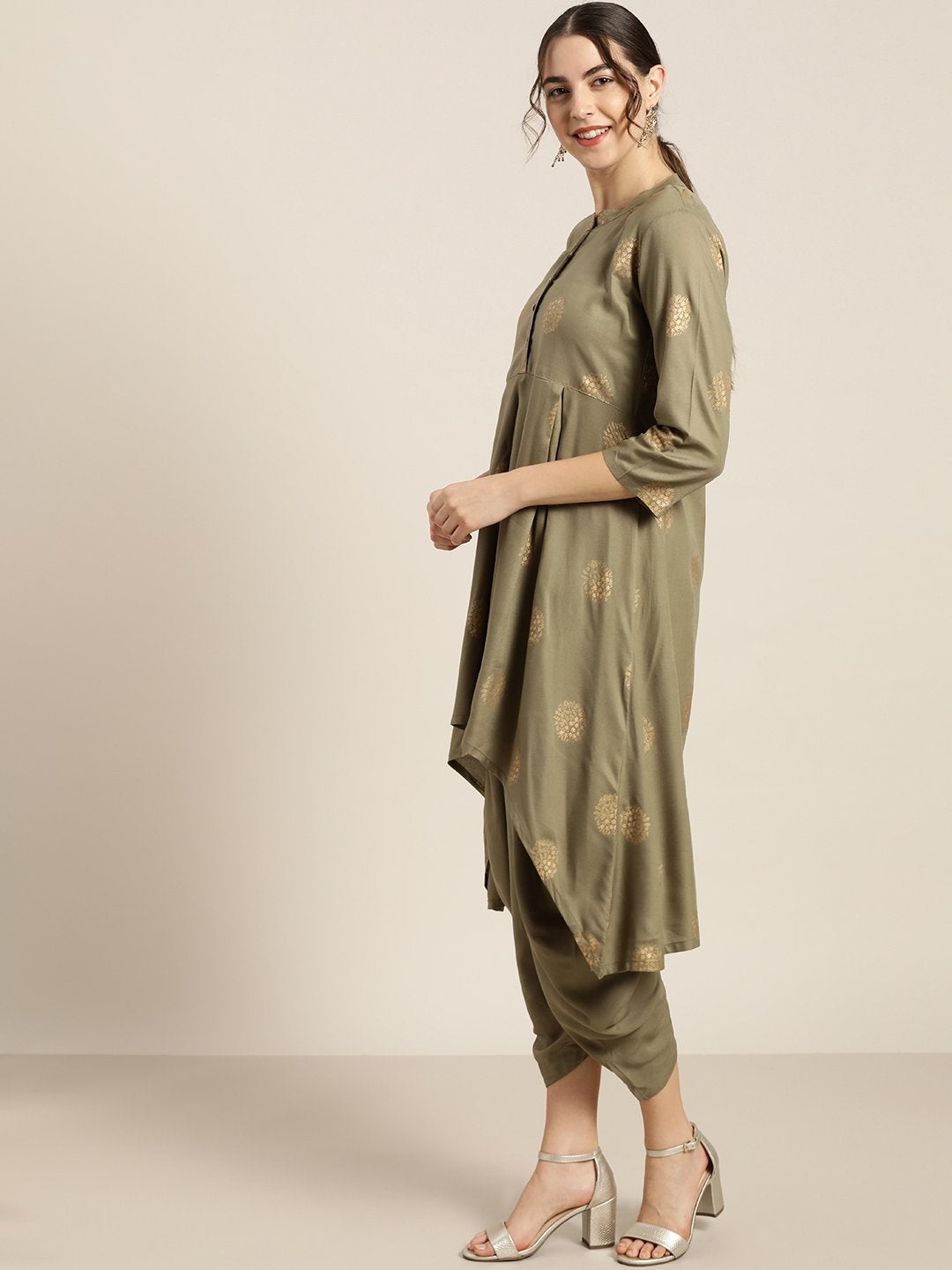Women's Olive Foil High Low Kurta With Dhoti Pants - SHAE