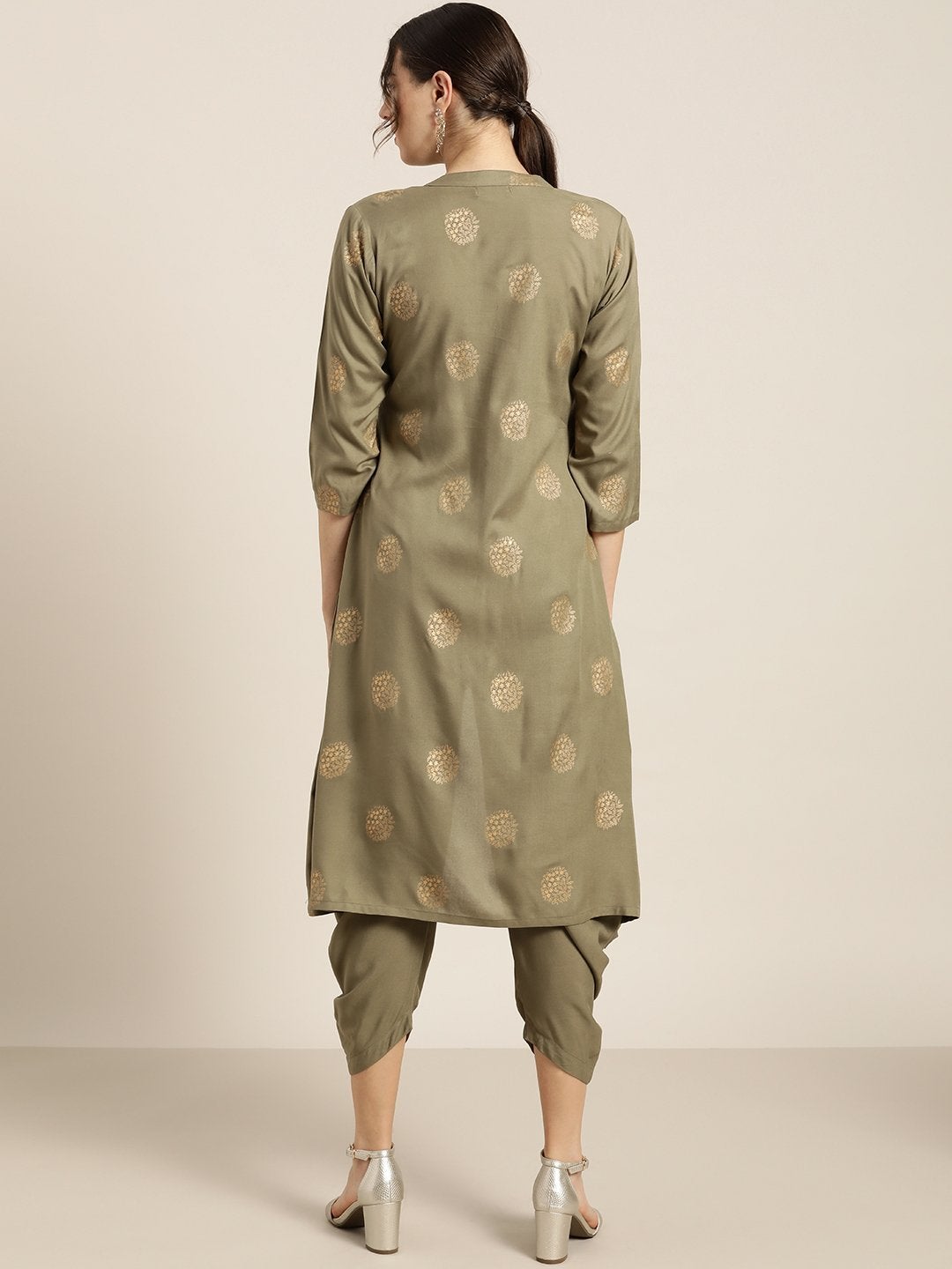 Women's Olive Foil High Low Kurta With Dhoti Pants - SHAE