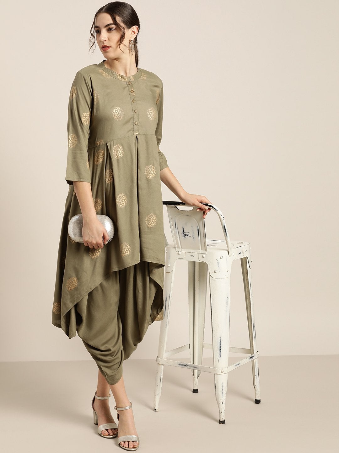 Women's Olive Foil High Low Kurta With Dhoti Pants - SHAE