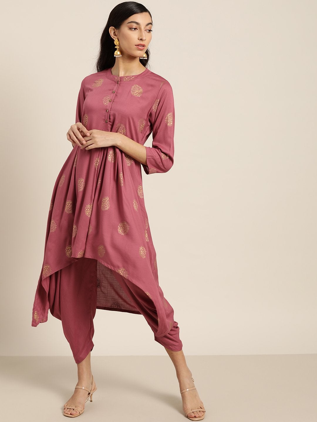 Women's Baked Pink Foil High Low Kurta With Dhoti Pants - SHAE