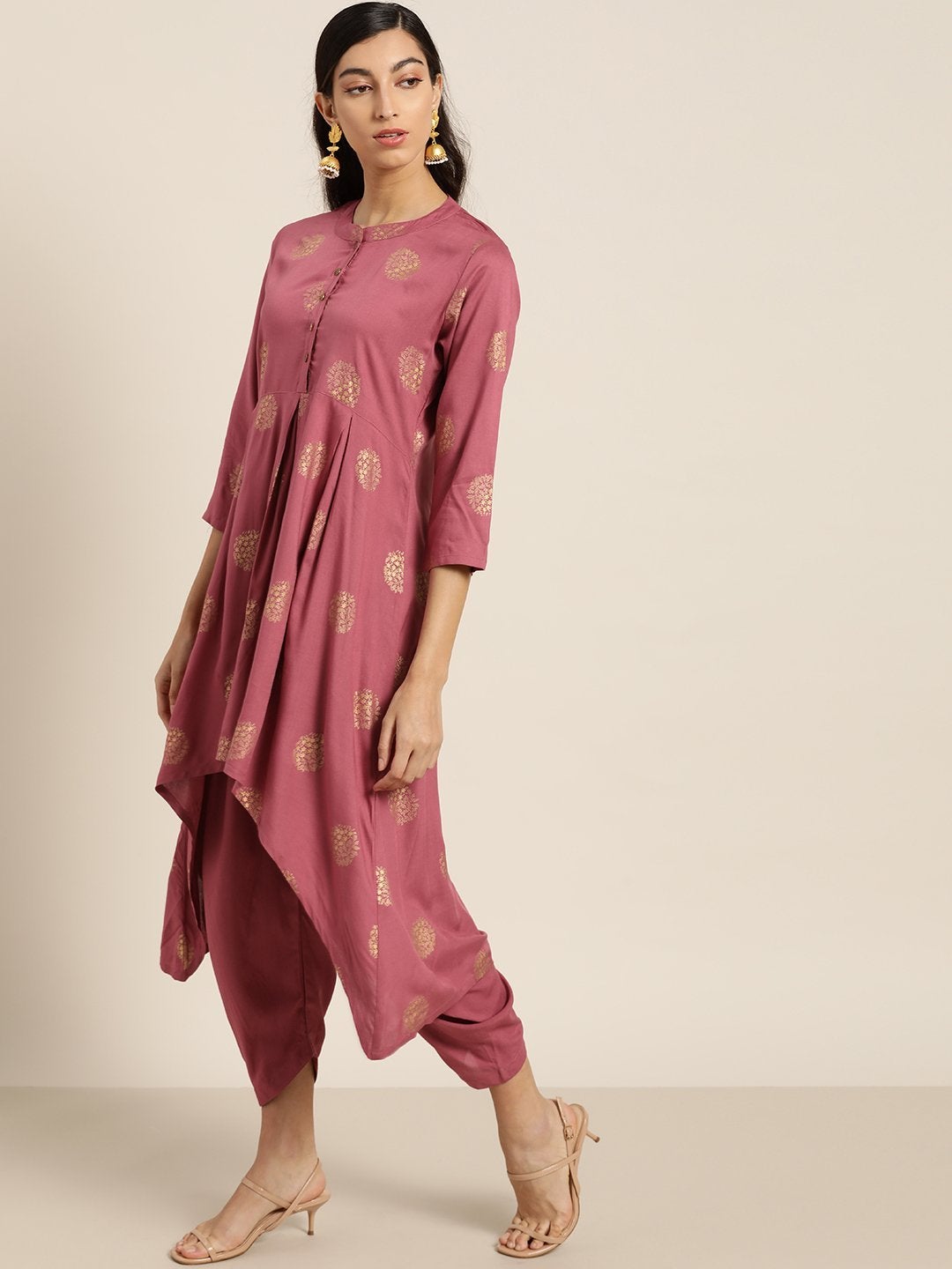 Women's Baked Pink Foil High Low Kurta With Dhoti Pants - SHAE