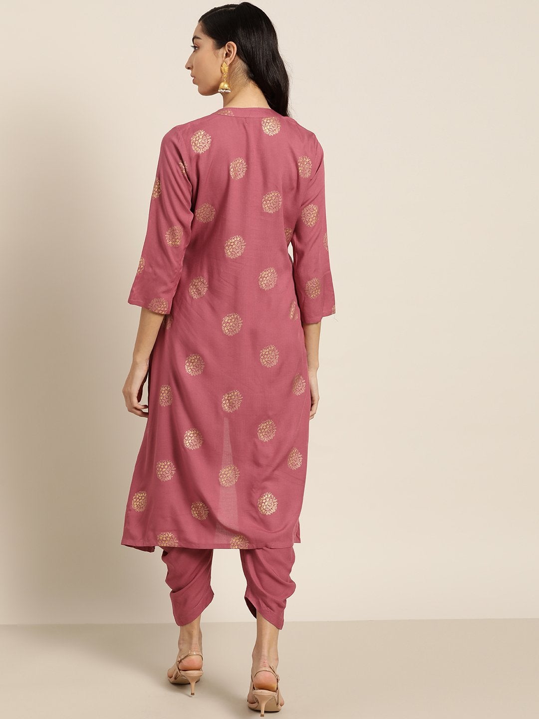 Women's Baked Pink Foil High Low Kurta With Dhoti Pants - SHAE
