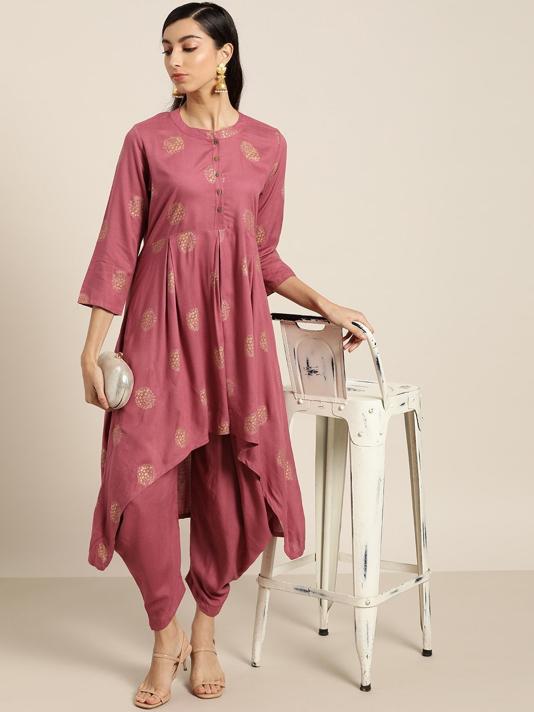 Women's Baked Pink Foil High Low Kurta With Dhoti Pants - SHAE