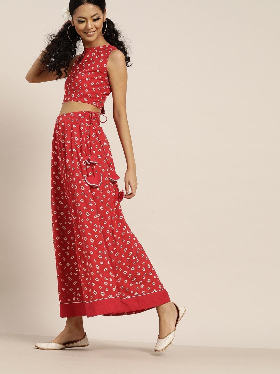Women's Red Bandhej Sleeveless Crop Top With Anarkali Skirt