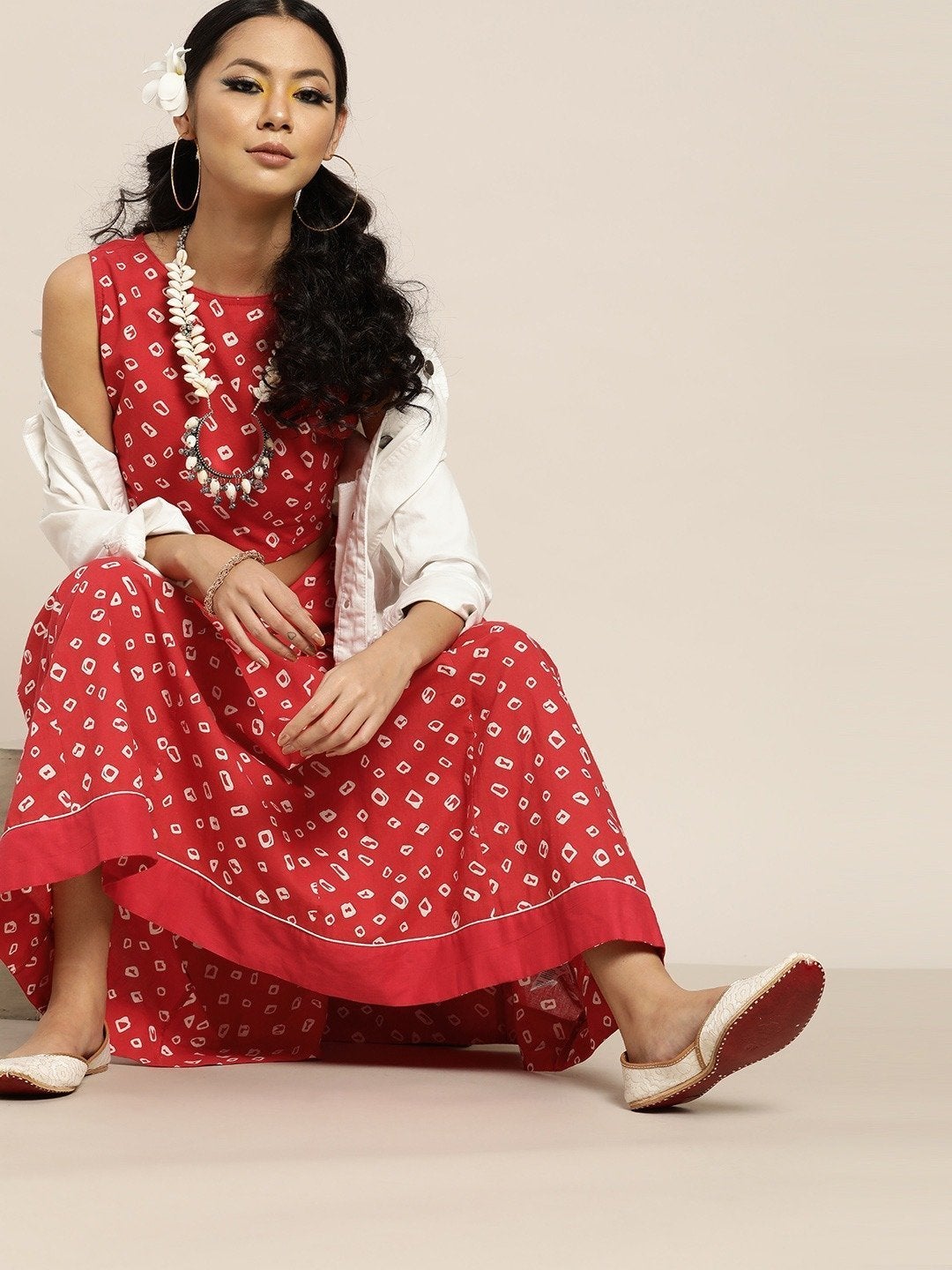 Women's Red Bandhej Sleeveless Crop Top With Anarkali Skirt