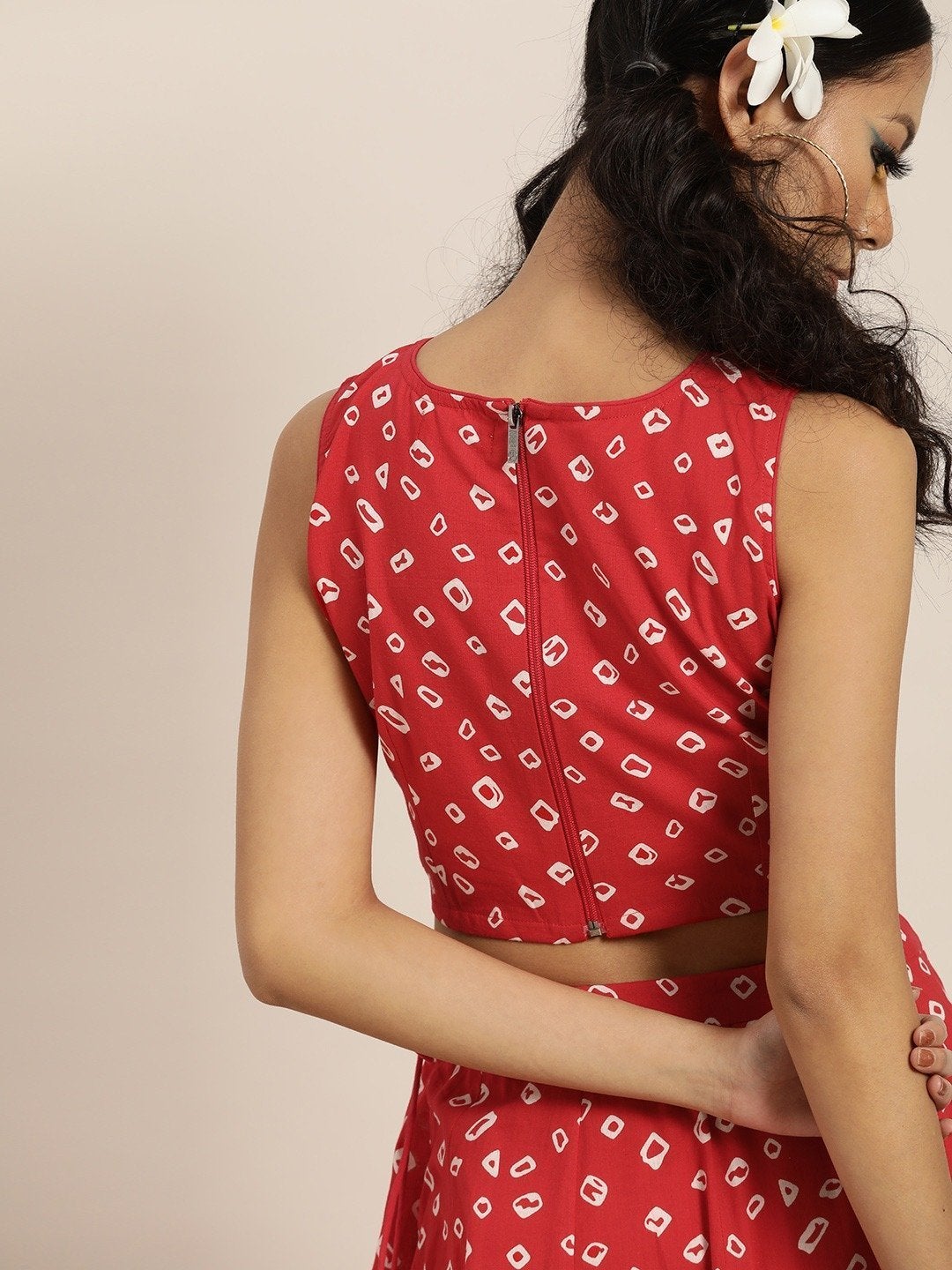 Women's Red Bandhej Sleeveless Crop Top With Anarkali Skirt