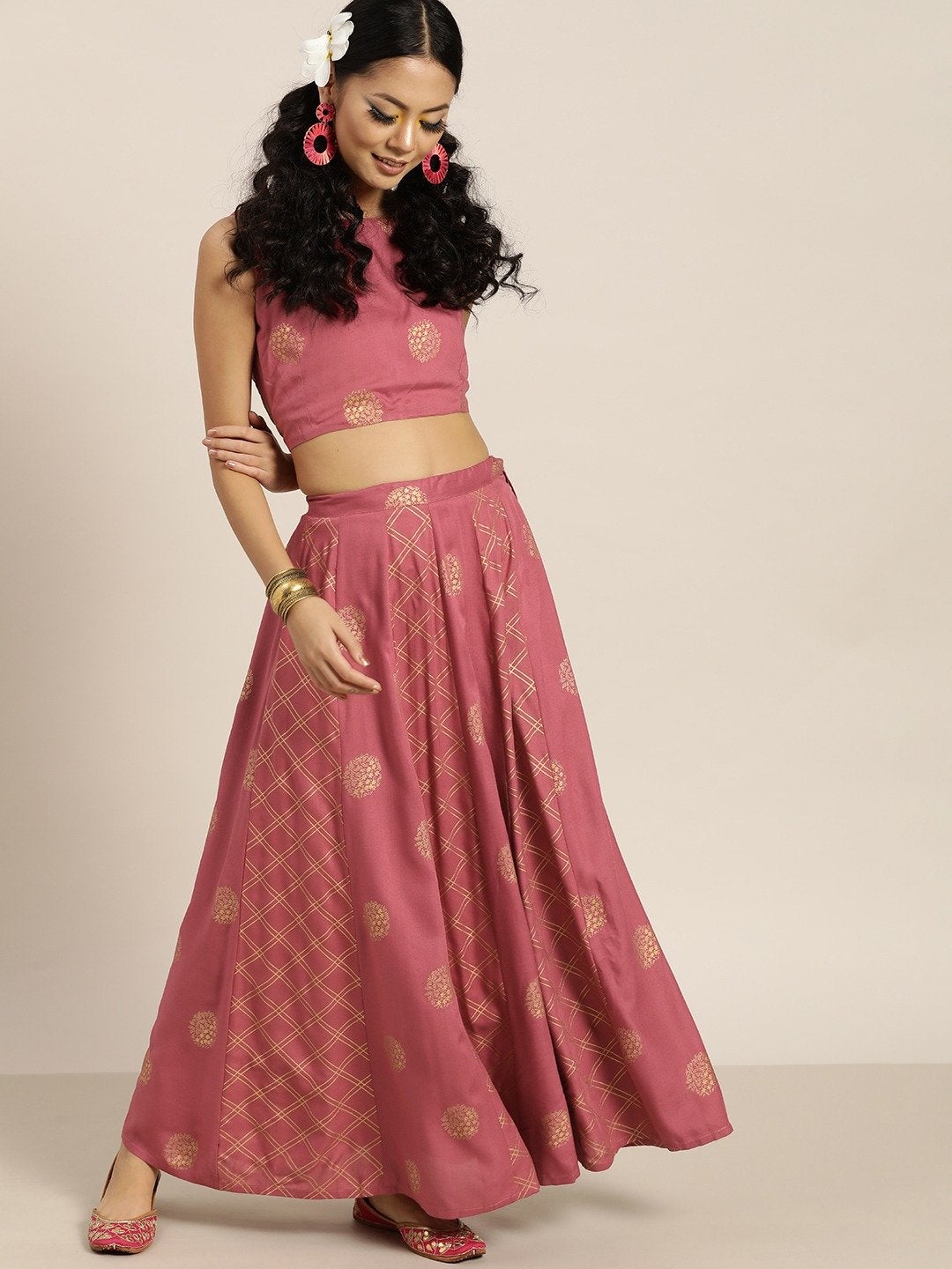 Women's Pink Sleevelesss Crop Top With Anarkali Skirt
