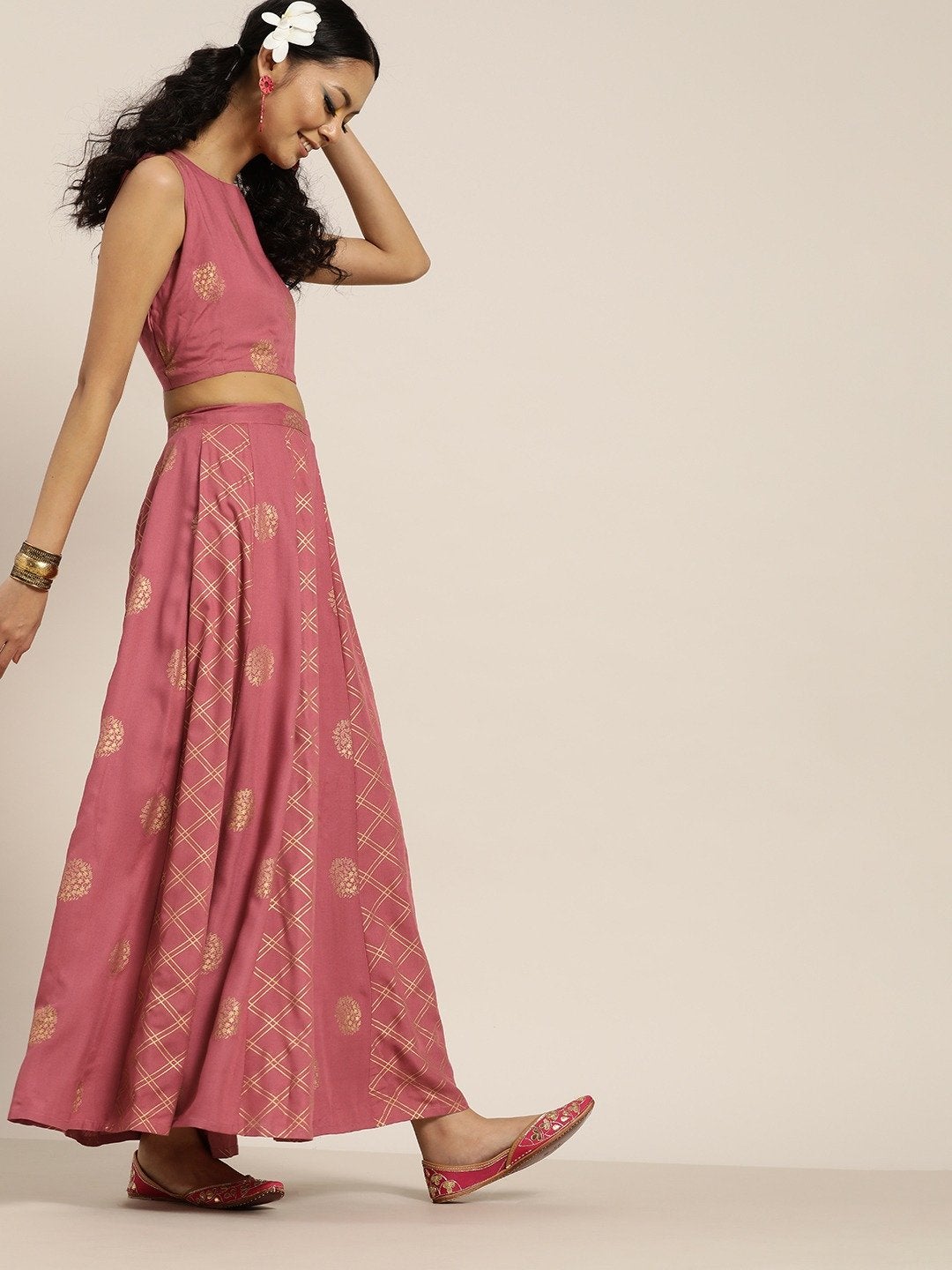 Women's Pink Sleevelesss Crop Top With Anarkali Skirt