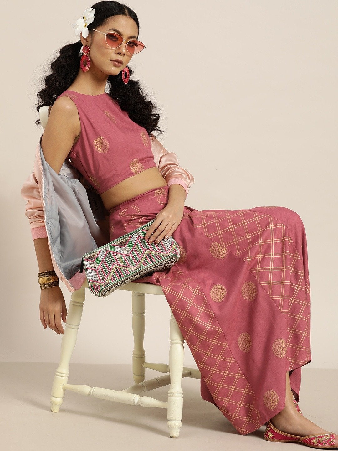 Women's Pink Sleevelesss Crop Top With Anarkali Skirt