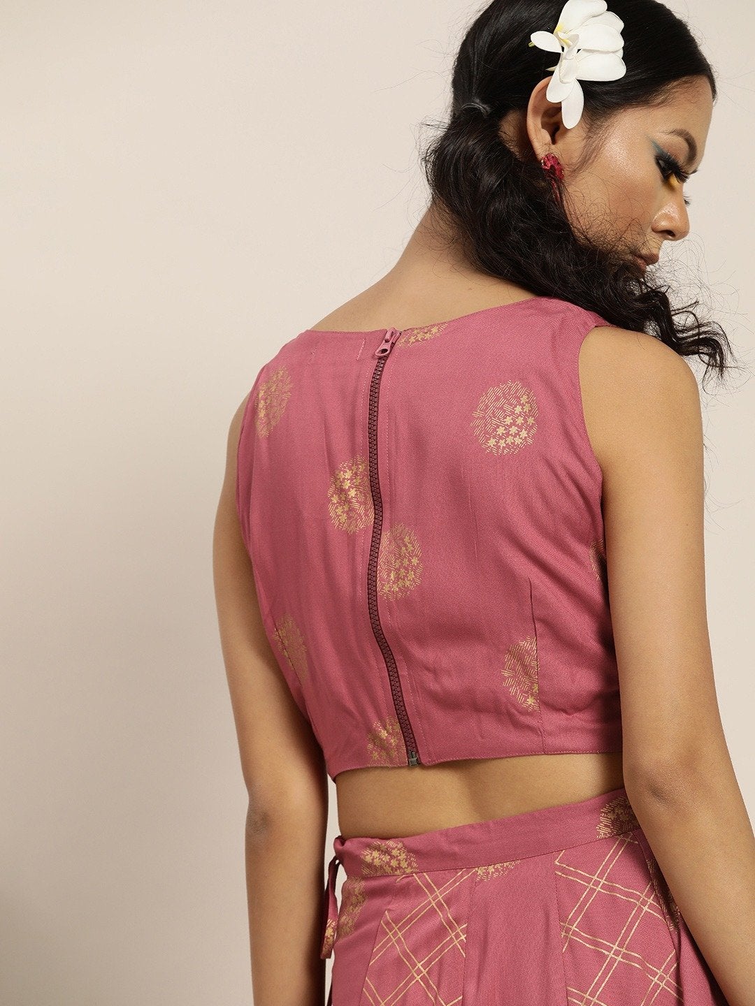 Women's Pink Sleevelesss Crop Top With Anarkali Skirt