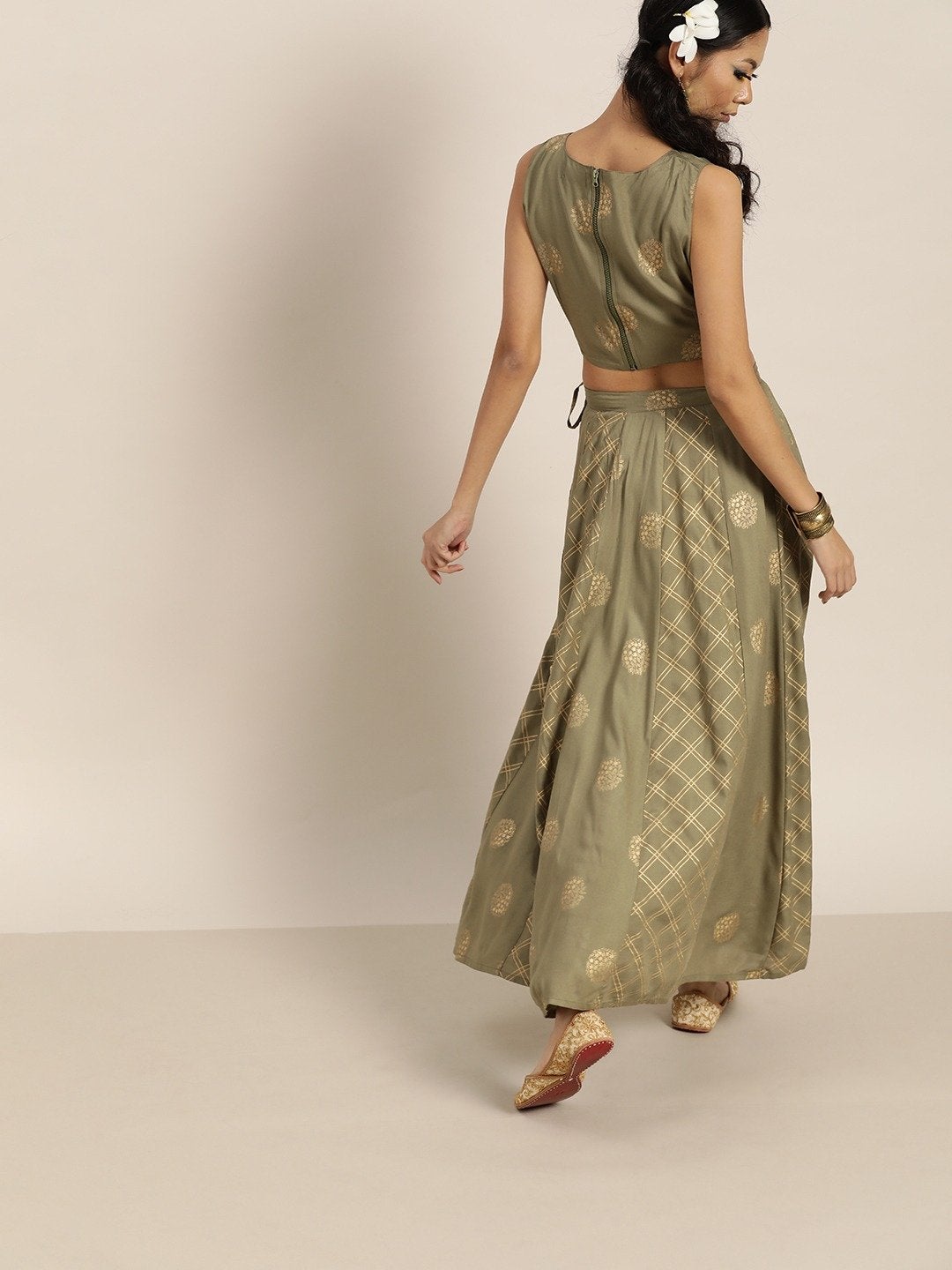 Women's Olive Sleevelesss Crop Top With Anarkali Skirt - SHAE