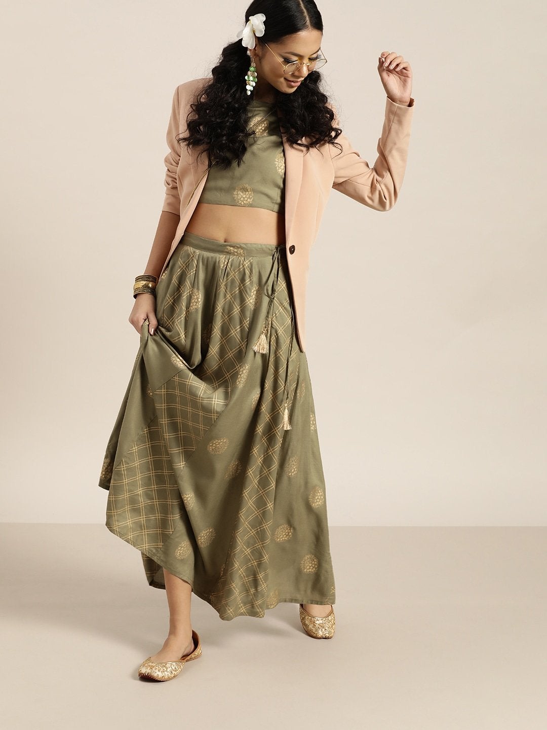 Women's Olive Sleevelesss Crop Top With Anarkali Skirt - SHAE