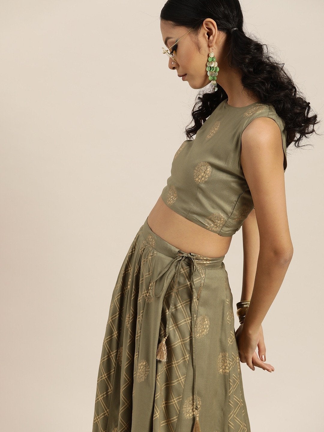 Women's Olive Sleevelesss Crop Top With Anarkali Skirt - SHAE