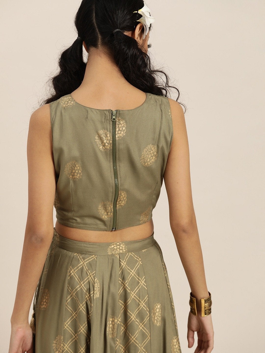 Women's Olive Sleevelesss Crop Top With Anarkali Skirt - SHAE