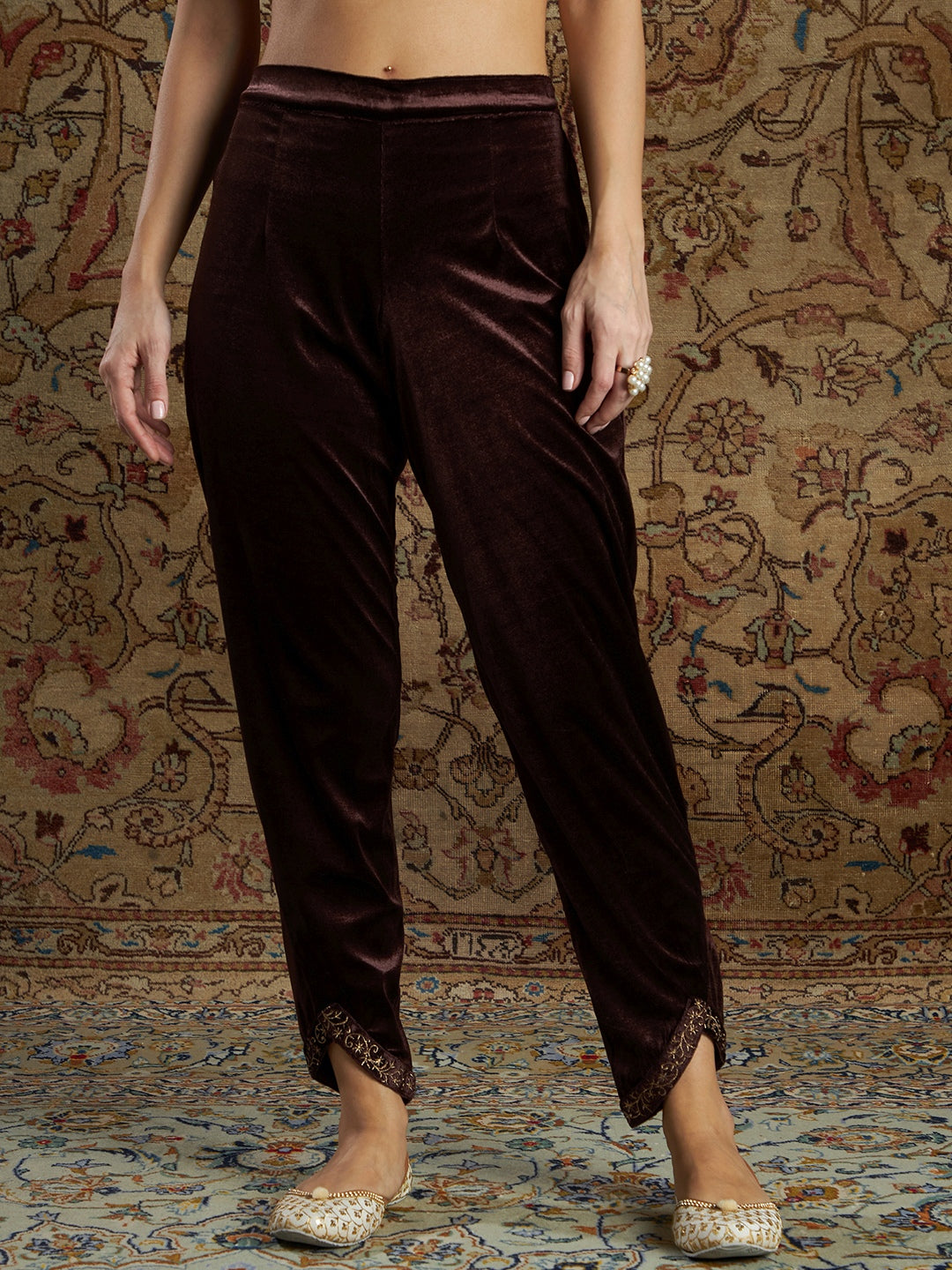 Women's Brown Velvet Zari Short Kurta With Tulip Pants - Lyush