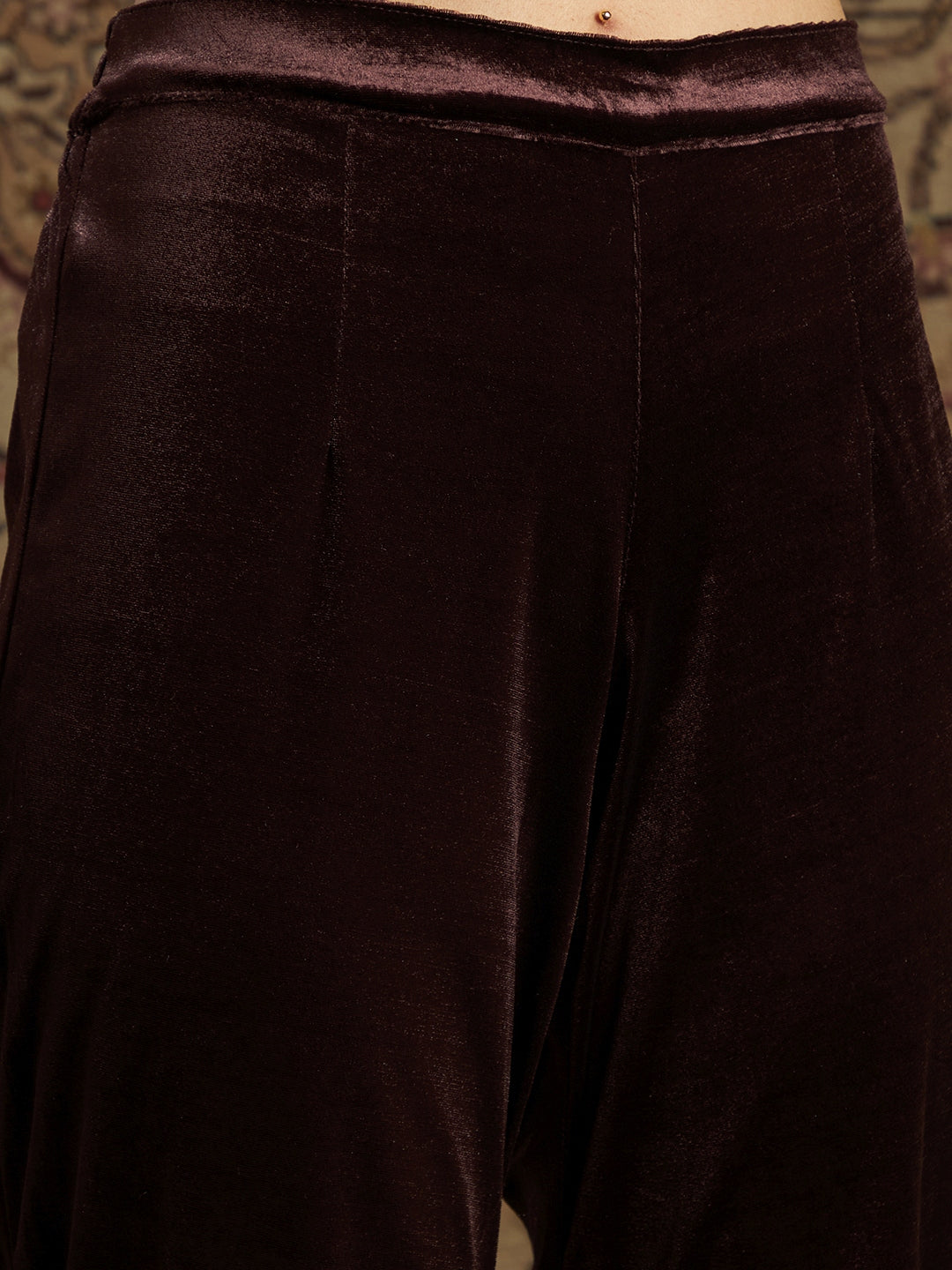 Women's Brown Velvet Zari Short Kurta With Tulip Pants - Lyush