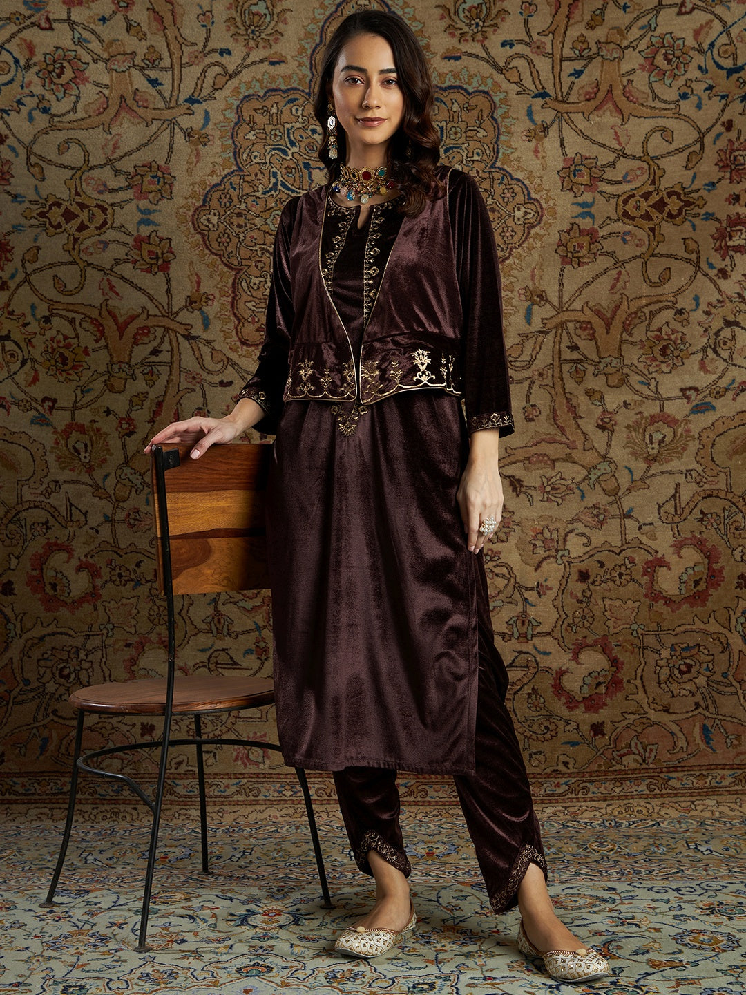 Women's Brown Zari Velvet Straight Kurta Set With Waistcoat - Lyush