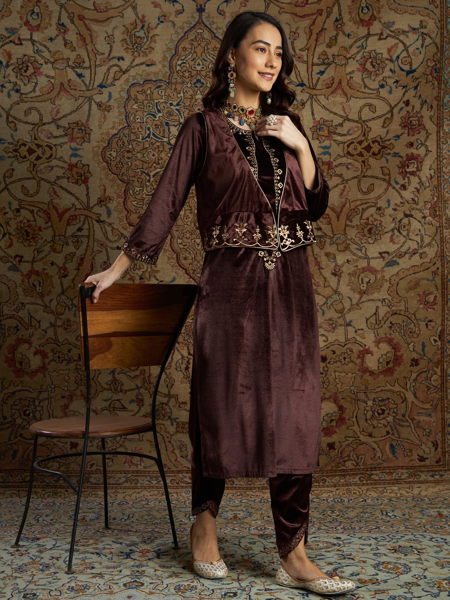Women's Brown Zari Velvet Straight Kurta Set With Waistcoat - Lyush
