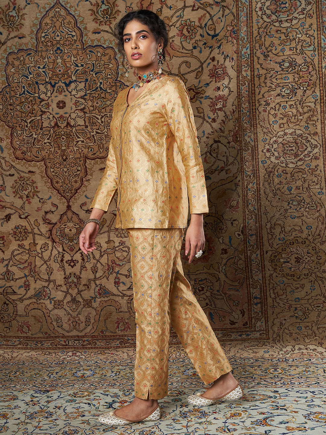 Women's Golden Indian Motif Brocade Shirt With Pants - Lyush