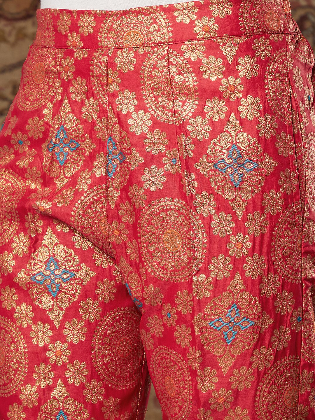 Women's Red Large Indian Motif Brocade Shirt With Pants - Lyush