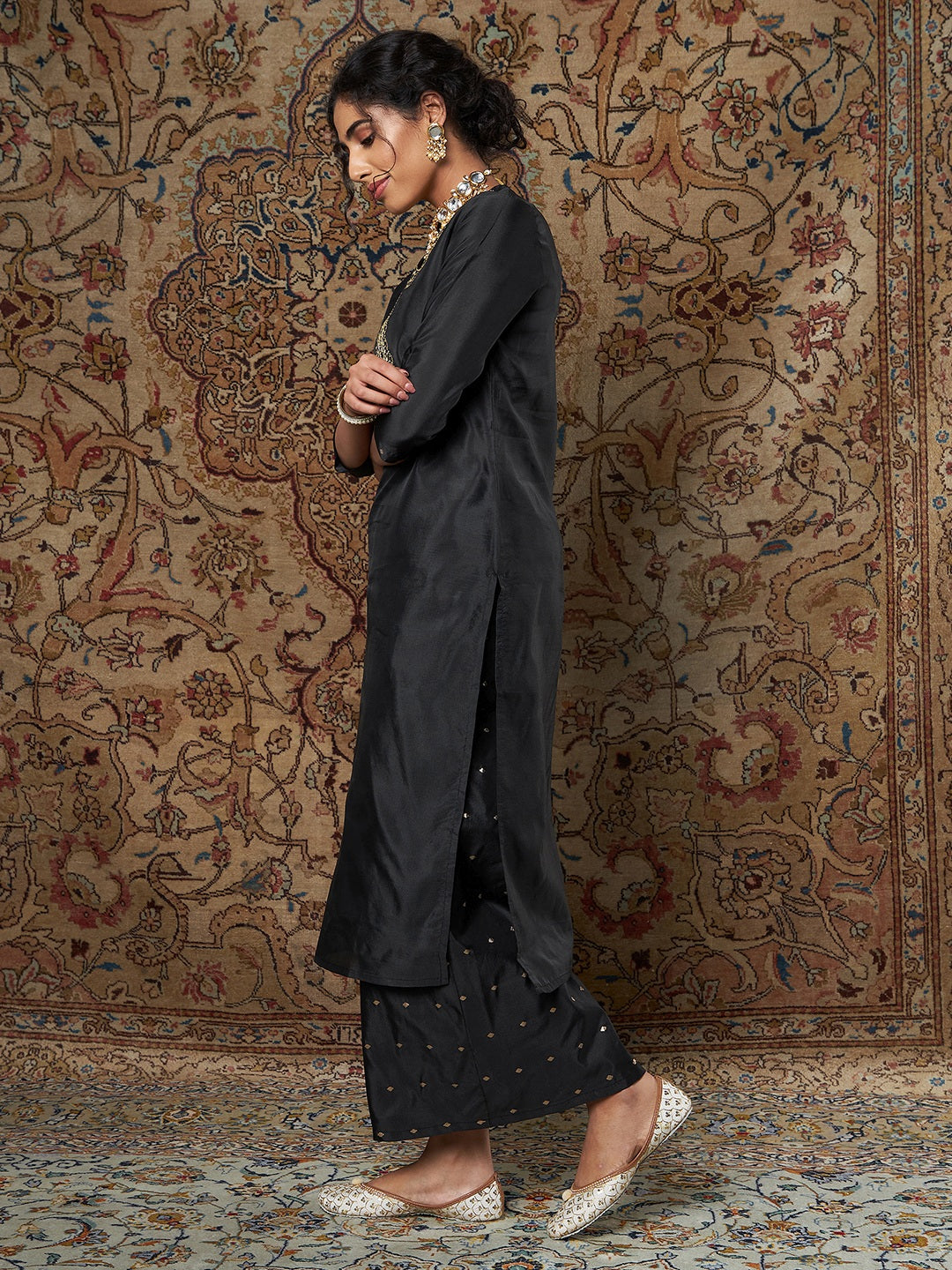 Women's Black Zari Embroidered Kurta With Palazzo Pants - Lyush