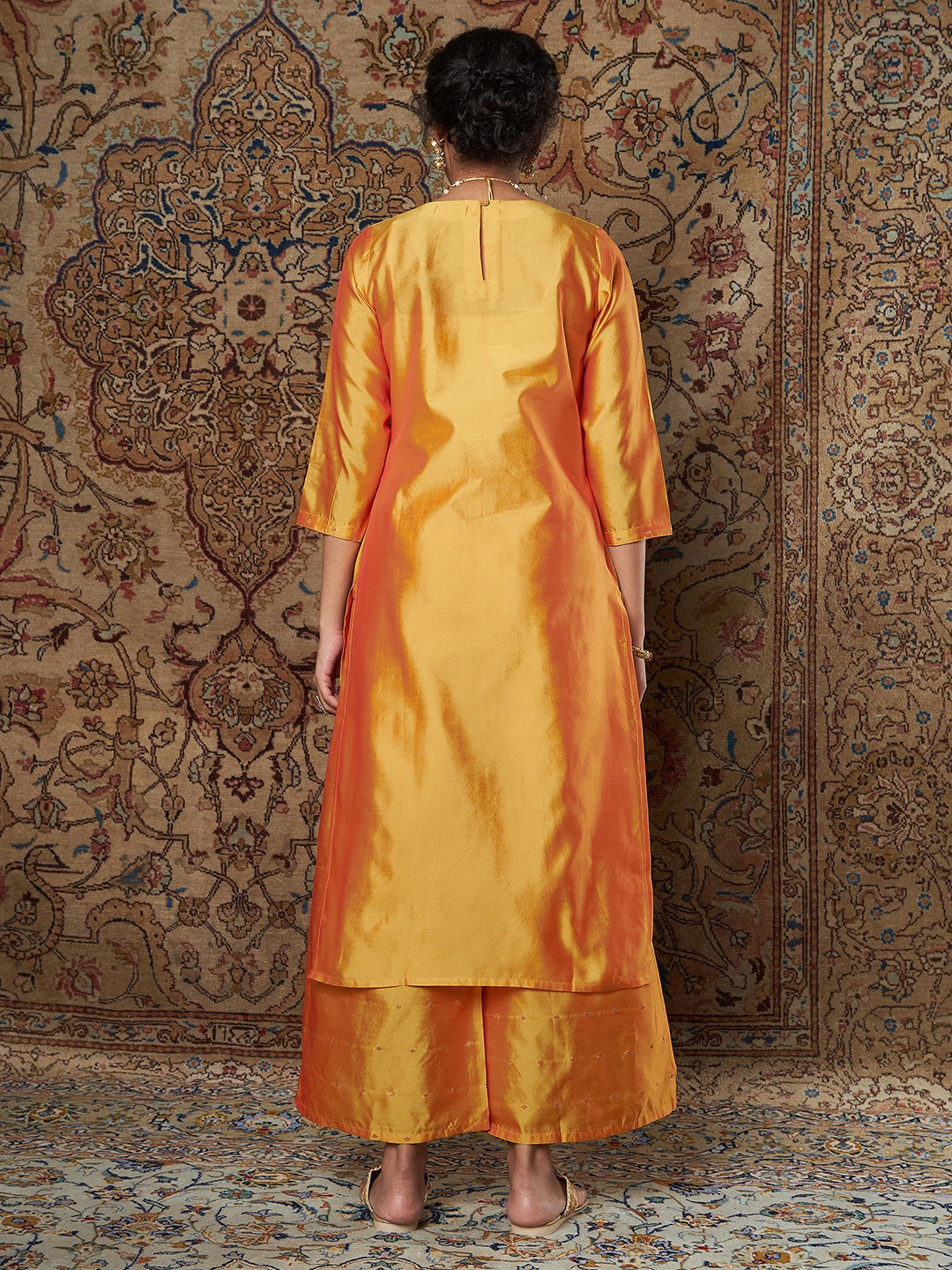 Women's Mustard Zari Embroidered Kurta With Palazzo Pants - Lyush
