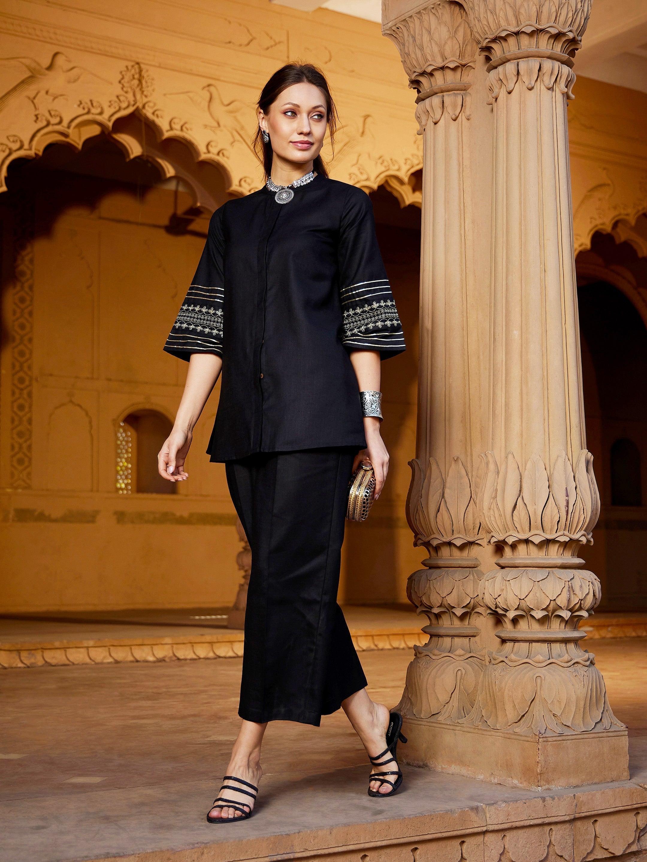 Women's Black Embroidered Sleeve Shirt Kurti With Palazzos - Lyush