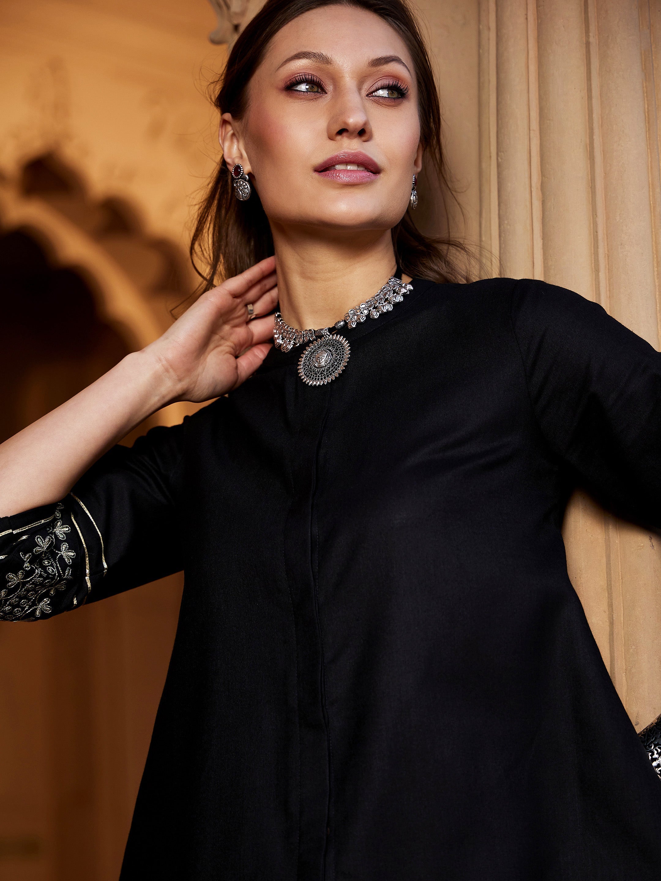 Women's Black Embroidered Sleeve Shirt Kurti With Palazzos - Lyush