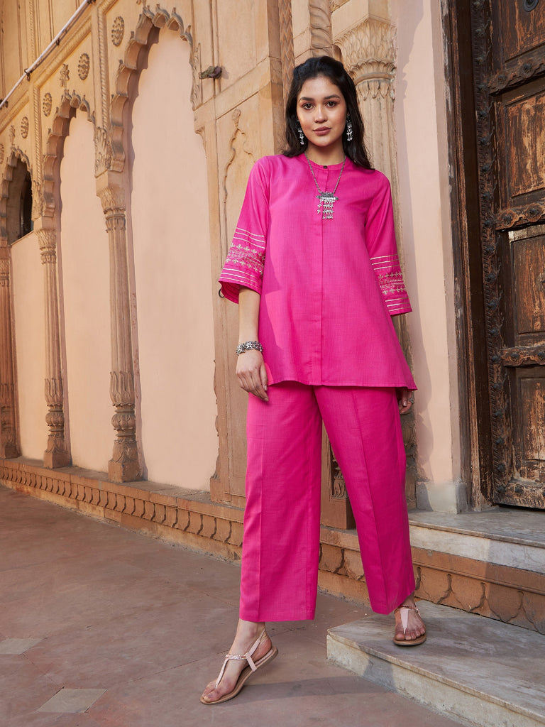 Women's Fuchsia Embroidered Sleeve Shirt Kurti With Palazzos