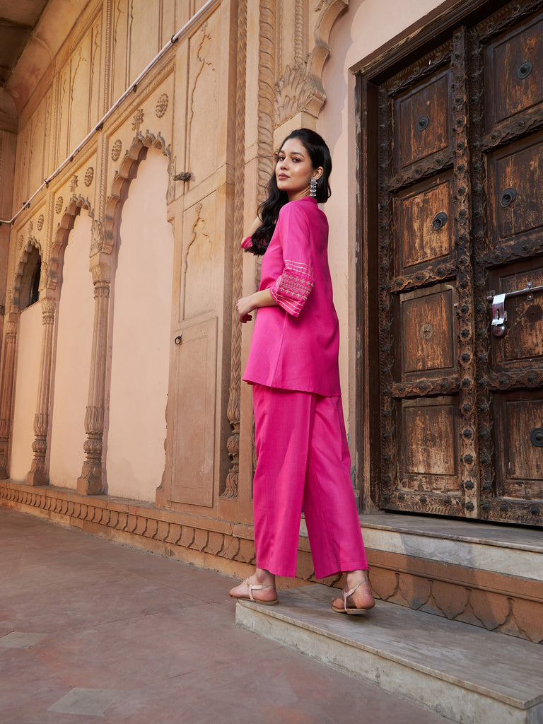 Women's Fuchsia Embroidered Sleeve Shirt Kurti With Palazzos