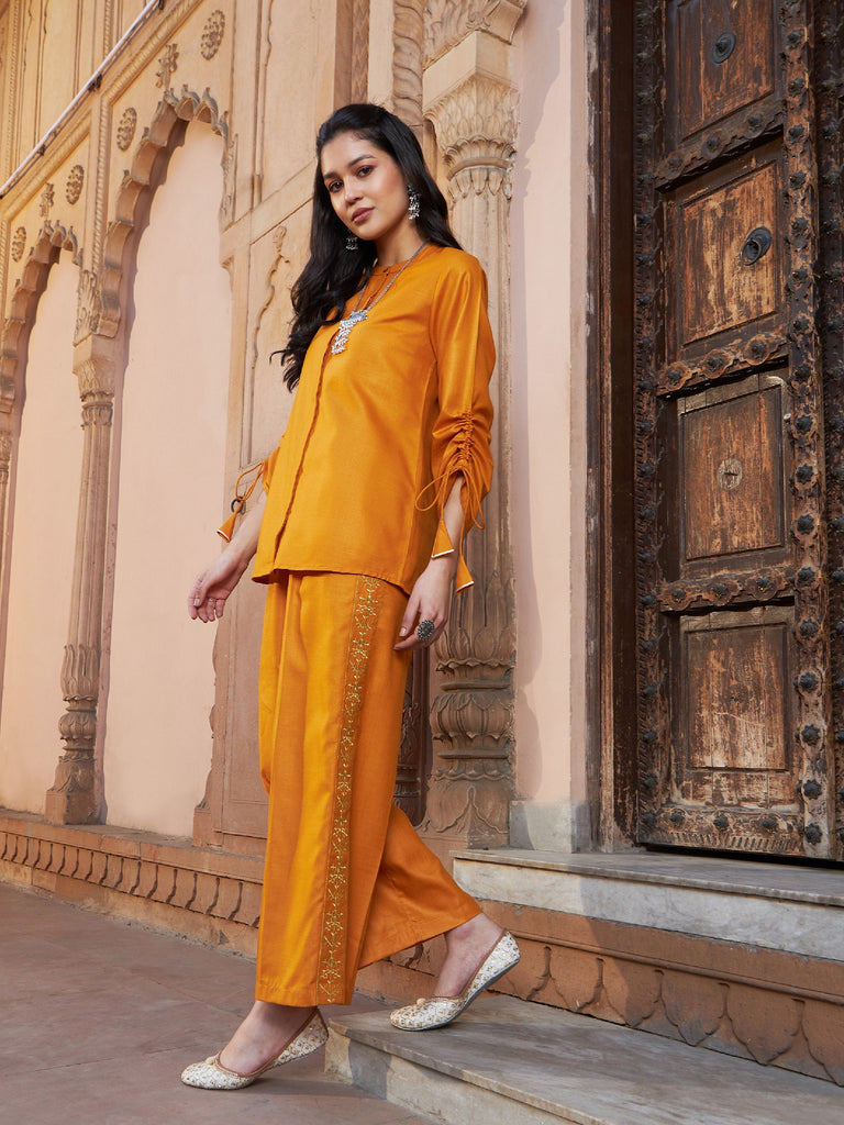 Women's Mustard Ruched Sleeve Top With Embroidered Pants