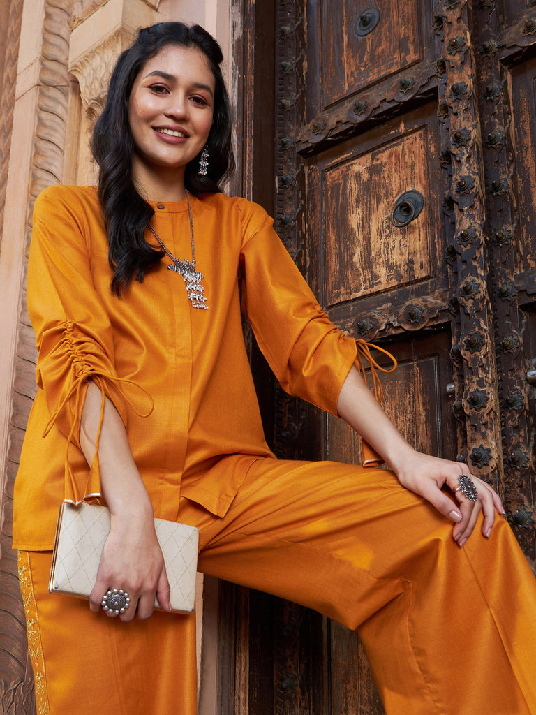 Women's Mustard Ruched Sleeve Top With Embroidered Pants