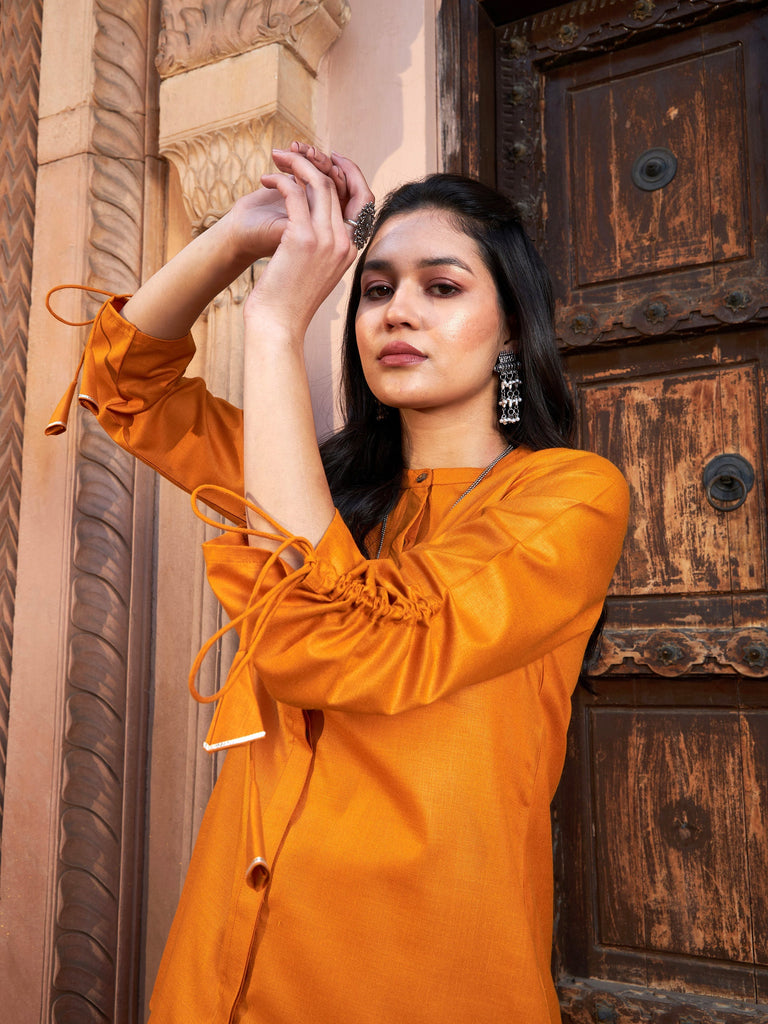 Women's Mustard Ruched Sleeve Top With Embroidered Pants