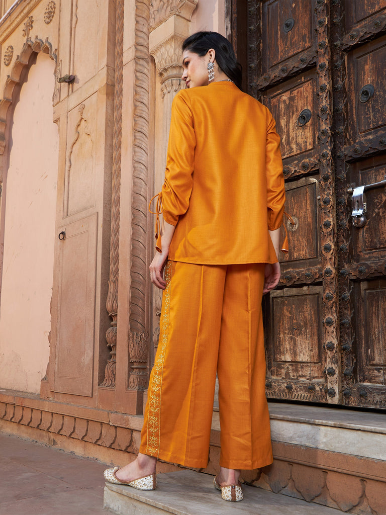 Women's Mustard Ruched Sleeve Top With Embroidered Pants