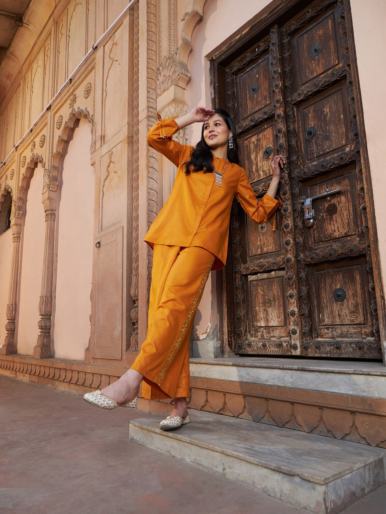 Women's Mustard Ruched Sleeve Top With Embroidered Pants