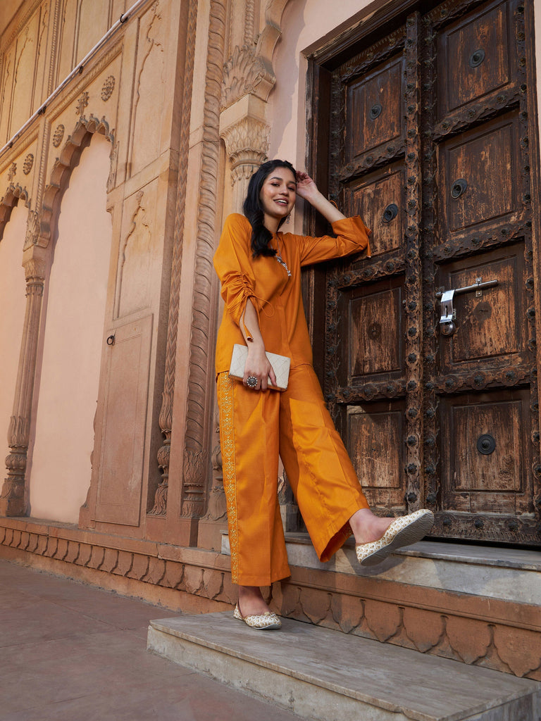 Women's Mustard Ruched Sleeve Top With Embroidered Pants