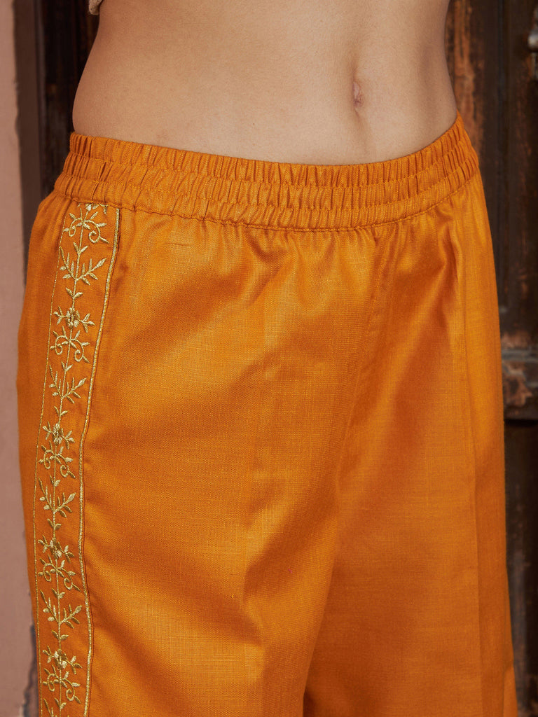 Women's Mustard Ruched Sleeve Top With Embroidered Pants