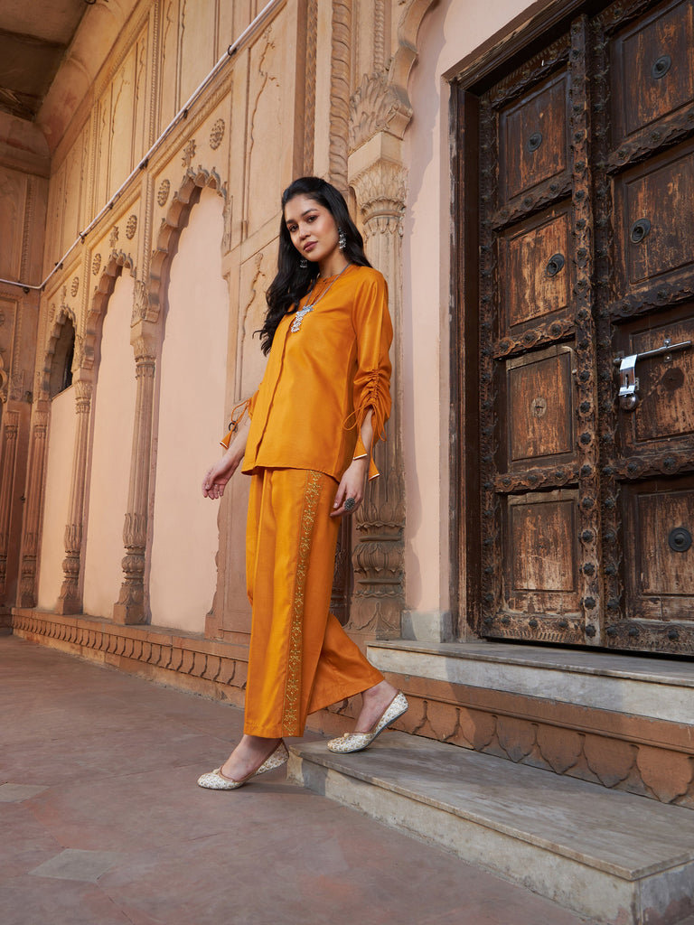 Women's Mustard Ruched Sleeve Top With Embroidered Pants