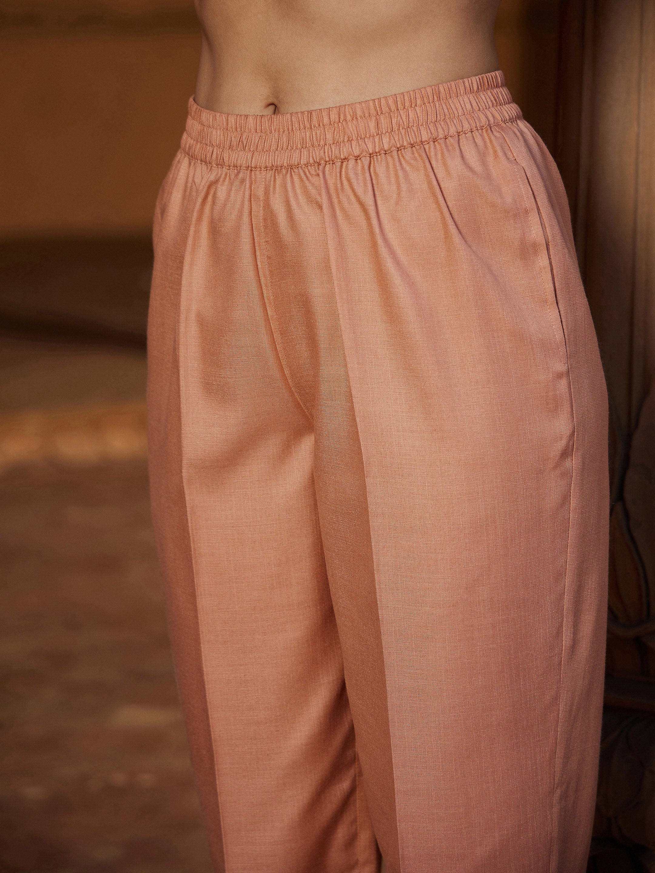 Women's Peach Lace Detail Short Kurti With Palazzos - SASSAFRAS