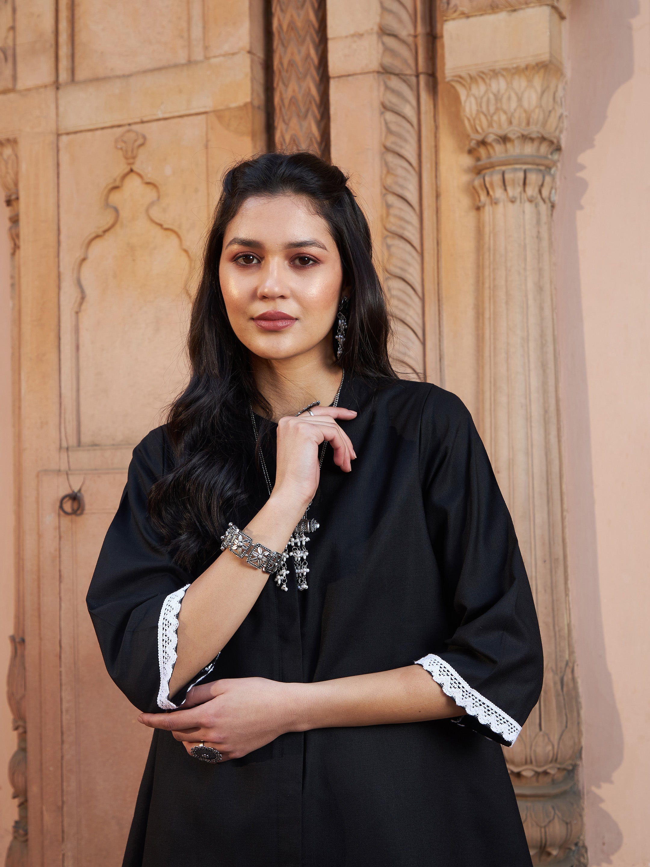 Women's Black Lace Detail Short Kurti With Palazzos - Lyush