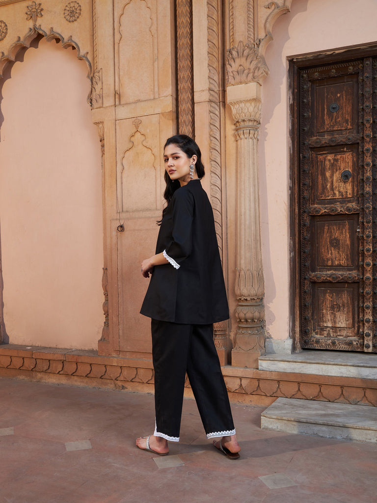 Women's Black Lace Detail Short Kurti With Palazzos