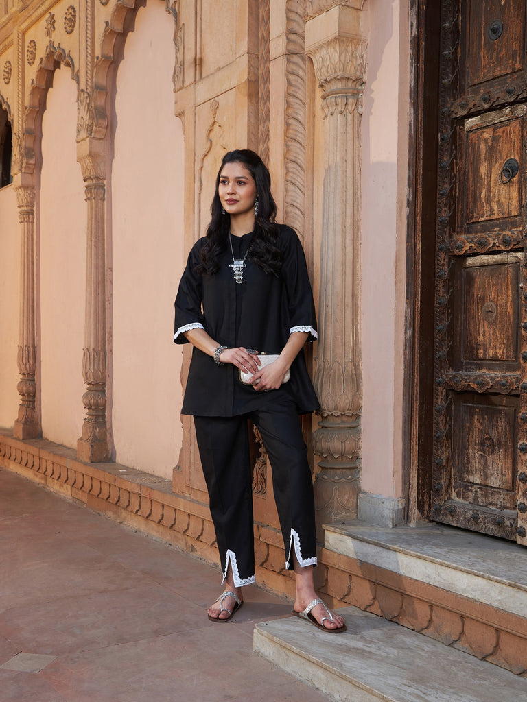 Women's Black Lace Detail Short Kurti With Palazzos