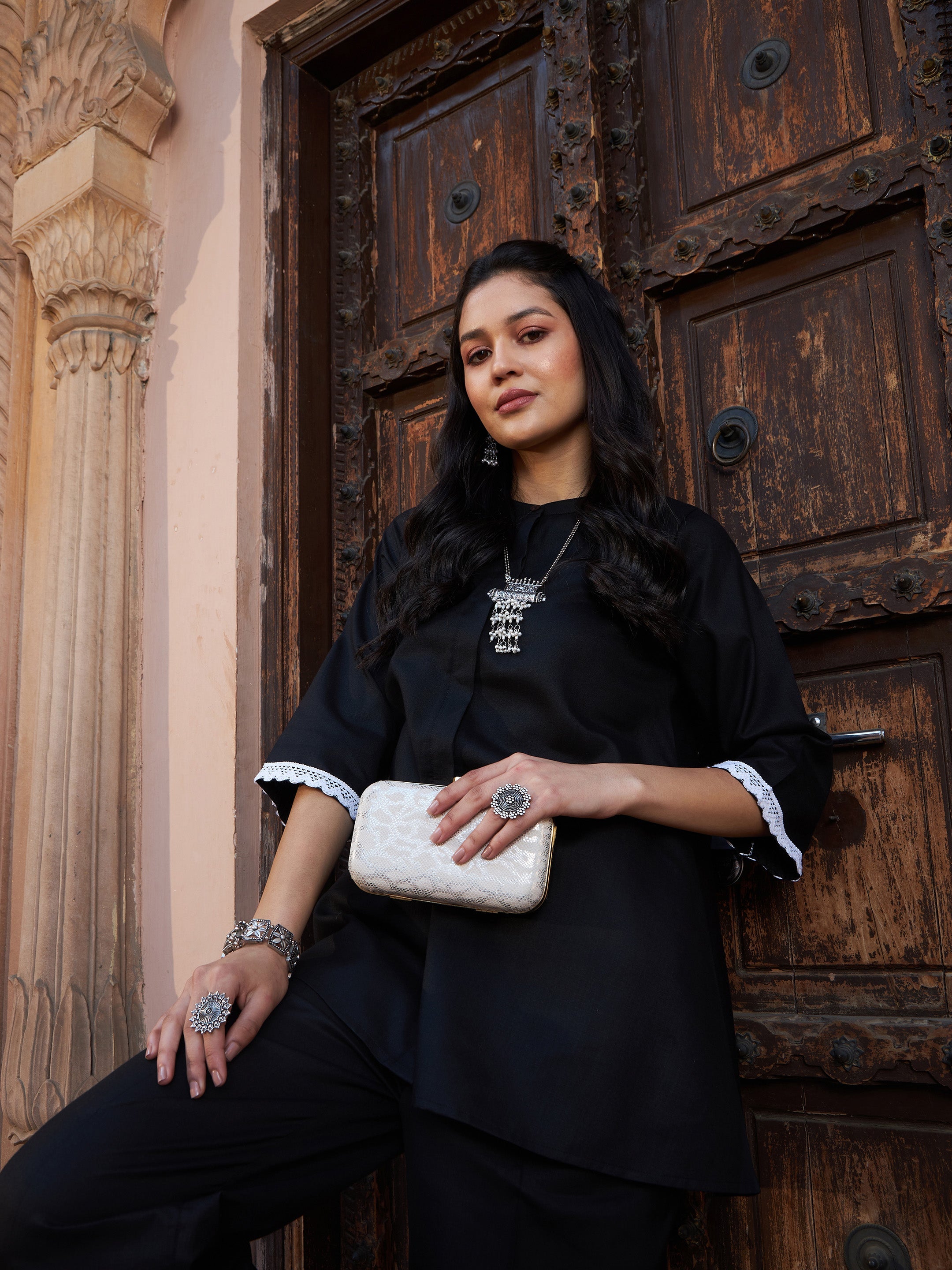 Women's Black Lace Detail Short Kurti With Palazzos - SASSAFRAS